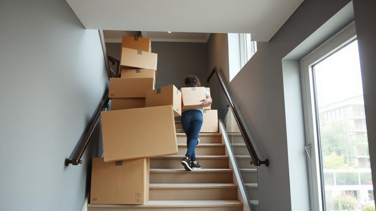 Mover carrying cardboard boxes up an apartment stairwell during a flat move